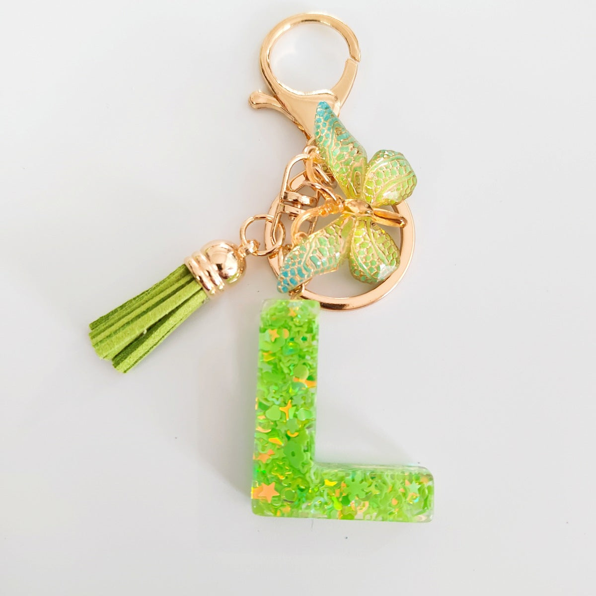 Wholesale 26 English Alphabet Keychain Pendant Green Star Glitter Resin Pendant  Key Chain